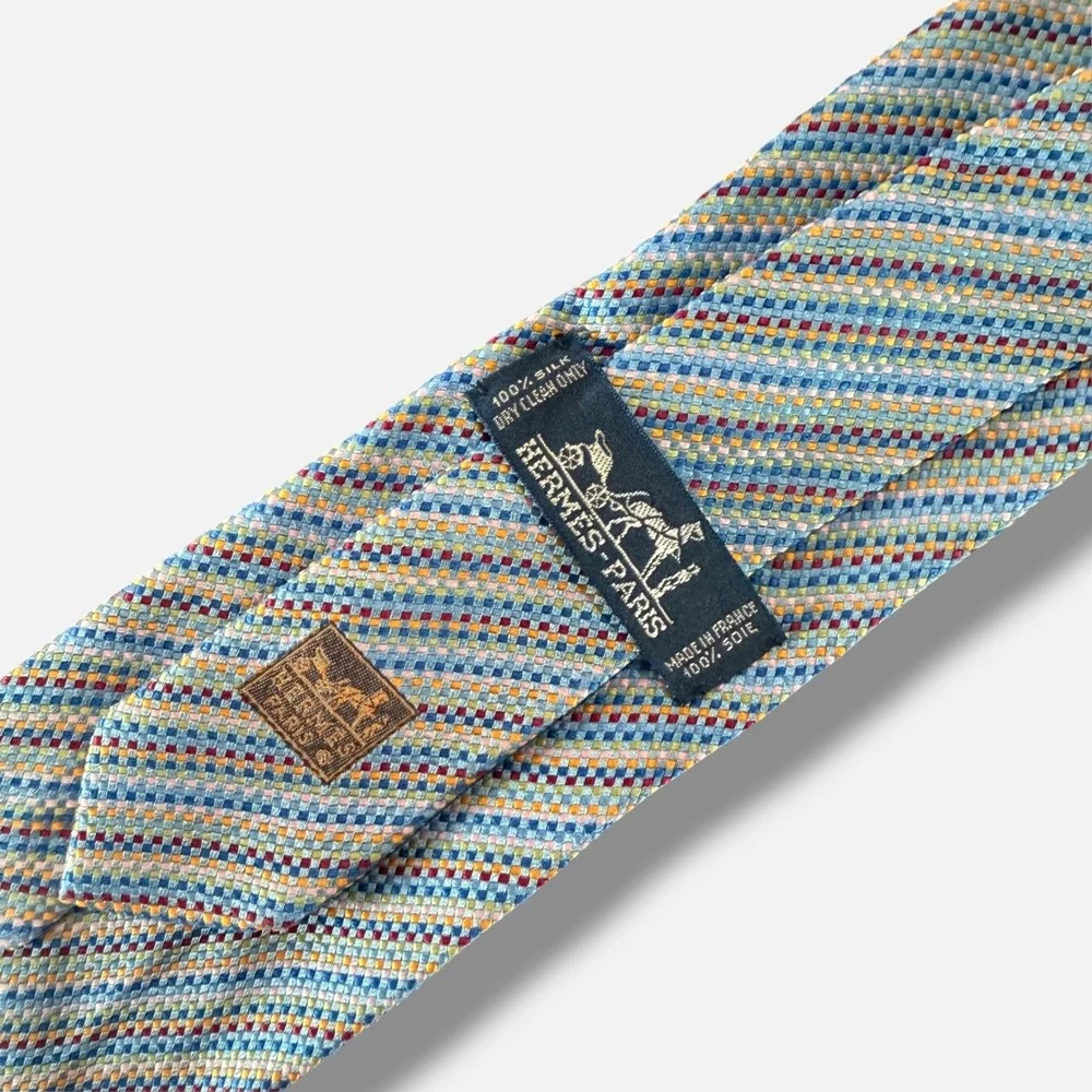 Hermes Silk Tie Mens OS Blue Multi Micro Check Striped 758789T Made in France